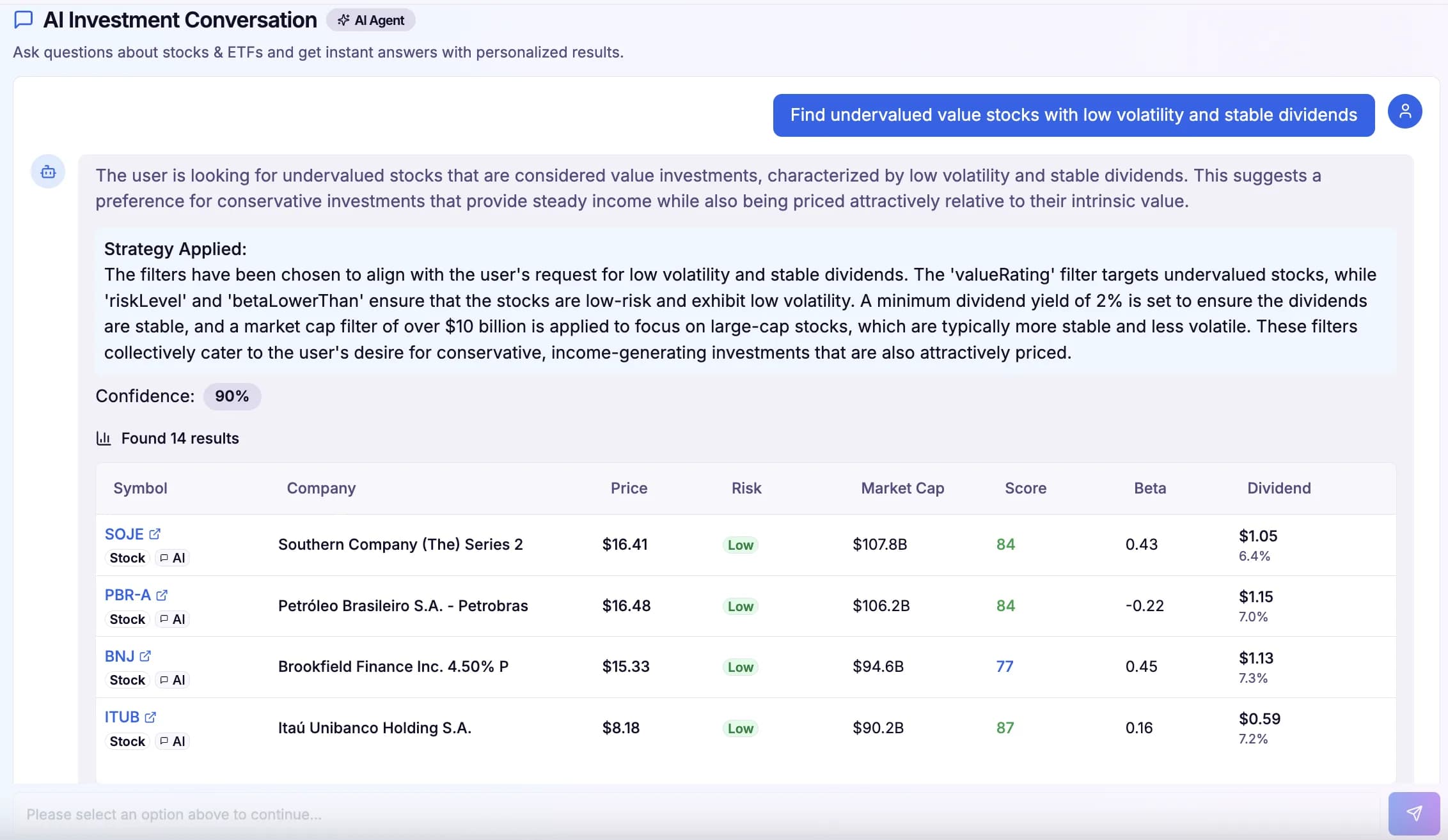 AI Stock Screener conversation and screening results
